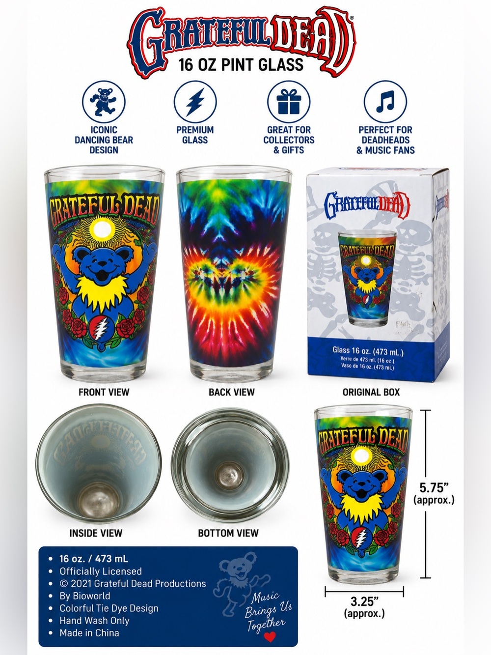 Grateful Dead Dancing Bear Tie Dye 16 oz Pint Glass Bioworld 2021 Boxed